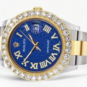 Rolex Datejust II Watch | 41 MM | 18K Yellow Gold & Stainless Steel | Custom Blue Text Pattern Roman Dial | Oyster Band