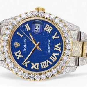 Diamond Iced Out Rolex Datejust 41 | 25 Carats Of Diamonds | Custom Blue Text Pattern Dial | Two Tone | Oyster Band