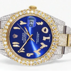 Diamond Iced Out Rolex Datejust 41 | 25 Carats Of Diamonds | Custom Blue Arabic Numeral Diamond Dial | Two Tone | Two Row | Oyster Band