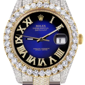 Diamond Iced Out Rolex Datejust 41 | 25 Carats Of Diamonds | Custom Blue Black Roman Numeral Diamond Dial | Two Tone | Oyster Band