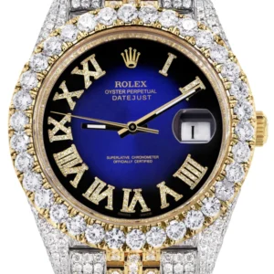 Diamond Iced Out Rolex Datejust 41 | 25 Carats Of Diamonds | Custom Blue Black Roman Numeral Diamond Dial | Two Tone | Jubilee Band