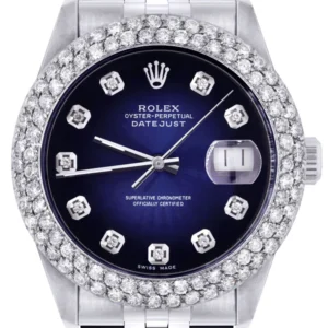 Mens Rolex Datejust Watch 16200 | 36Mm | Blue Black Dial | Two Row 4.25 Carat Bezel | Jubilee Band