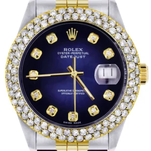 Diamond Gold Rolex Watch For Men 16233 | 36Mm | Blue Black Dial | Two Row 4.25 Carat Bezel | Jubilee Band