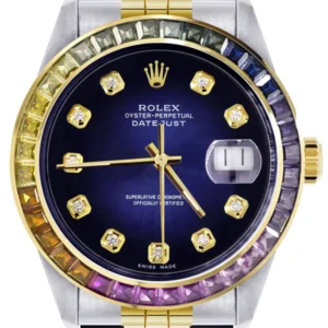 Diamond Gold Rolex Watch For Men 16233 | 36Mm | Rainbow Sapphire Bezel | Blue Black Dial | Jubilee Band