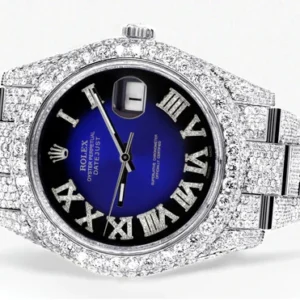 Diamond Iced Out Rolex Datejust 41 | 25 Carats Of Diamonds | Custom Blue Black Roman Numeral Diamond Dial | Two Row | Oyster Band