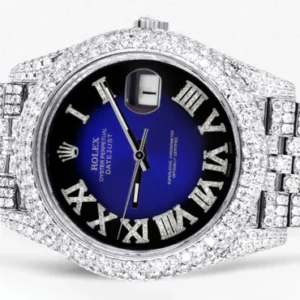 Diamond Iced Out Rolex Datejust 41 | 25 Carats Of Diamonds | Custom Blue Black Roman Numeral Diamond Dial | Two Row | Jubilee Band