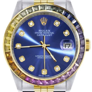 Diamond Gold Rolex Watch For Men 16233 | 36Mm | Rainbow Sapphire Bezel | Blue Dial | Jubilee Band