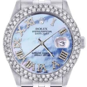 Mens Rolex Datejust Watch 16200 | 36Mm | Mother of Pearl Roman Numeral Dial | Two Row 4.25 Carat Bezel | Jubilee Band