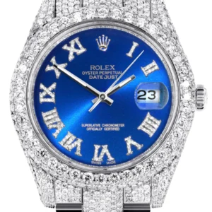 Diamond Iced Out Rolex Datejust 41 | 25 Carats Of Diamonds | Custom Blue Roman Numeral Diamond Dial | Two Row | Oyster Band