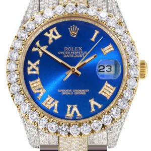 Diamond Iced Out Rolex Datejust 41 | 25 Carats Of Diamonds | Custom Blue Roman Numeral Diamond Dial | Two Tone | Oyster Band