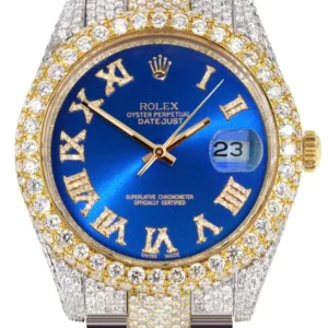 Diamond Iced Out Rolex Datejust 41 | 25 Carats Of Diamonds | Custom Blue Roman Numeral Diamond Dial | Two Tone | Two Row | Oyster Band
