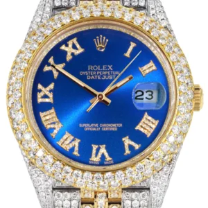 Diamond Iced Out Rolex Datejust 41 | 25 Carats Of Diamonds | Custom Blue Roman Numeral Diamond Dial | Two Tone | Two Row | Jubilee Band