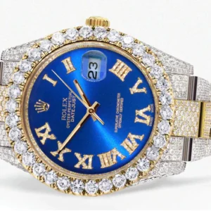 Diamond Iced Out Rolex Datejust 41 | 25 Carats Of Diamonds | Custom Blue Roman Numeral Diamond Dial | Two Tone | Oyster Band