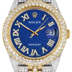 Diamond Iced Out Rolex Datejust 41 | 25 Carats Of Diamonds | Blue Text Pattern Dial | Two Tone | Two Row | Jubilee Band