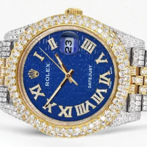 Diamond Iced Out Rolex Datejust 41 | 25 Carats Of Diamonds | Blue Text Pattern Dial | Two Tone | Two Row | Jubilee Band