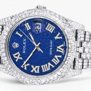 Diamond Iced Out Rolex Datejust 41 | 25 Carats Of Diamonds | Custom Blue Text Pattern Dial | Two Row | Jubilee Band