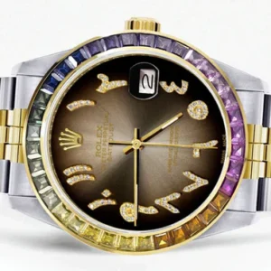 Diamond Gold Rolex Watch For Men 16233 | 36Mm | Rainbow Sapphire Bezel | Diamond Brown Arabic Numeral Dial | Jubilee Band