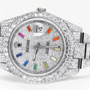 Diamond Iced Out Rolex Datejust 41 | 25 Carats Of Diamonds | Custom Color Baguettes Dial | Two Row | Oyster Band