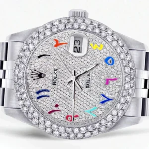 Mens Rolex Datejust Watch 16200 | 36Mm | Full Diamond Color Arabic Dial | Two Row 4.25 Carat Bezel | Jubilee Band