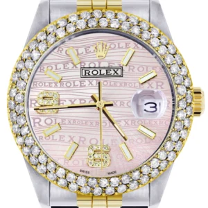 Diamond Gold Rolex Watch For Men 16233 | 36Mm | Pink Texture Dial | Two Row 4.25 Carat Bezel | Jubilee Band