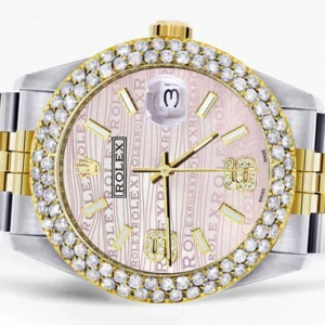 Diamond Gold Rolex Watch For Men 16233 | 36Mm | Pink Texture Dial | Two Row 4.25 Carat Bezel | Jubilee Band
