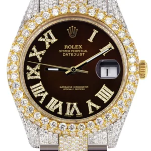 Diamond Iced Out Rolex Datejust 41 | 25 Carats Of Diamonds | Custom Dark Brown Roman Numeral Diamond Dial | Two Tone | Two Row | Oyster Band