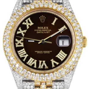 Diamond Iced Out Rolex Datejust 41 | 25 Carats Of Diamonds | Custom Dark Chocolate Roman Numeral Diamond Dial | Two Tone | Two Row | Jubilee Band