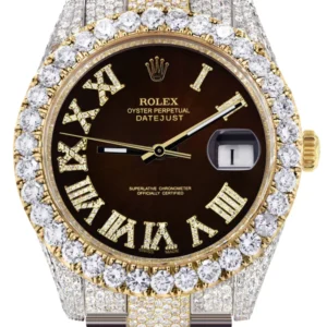 Diamond Iced Out Rolex Datejust 41 | 25 Carats Of Diamonds | Custom Dark Brown Roman Numeral Diamond Dial | Two Tone | Oyster Band