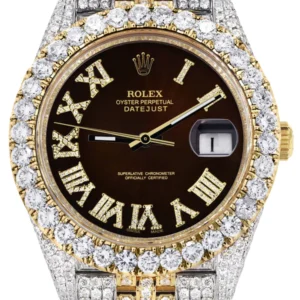 Diamond Iced Out Rolex Datejust 41 | 25 Carats Of Diamonds | Custom Dark Brown Roman Numeral Diamond Dial | Two Tone | Jubilee Band