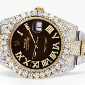Diamond Iced Out Rolex Datejust 41 | 25 Carats Of Diamonds | Custom Dark Brown Roman Numeral Diamond Dial | Two Tone | Oyster Band