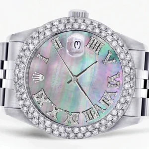 Mens Rolex Datejust Watch 16200 | 36Mm | Dark Mother of Pearl Roman Numeral Dial | Two Row 4.25 Carat Bezel | Jubilee Band