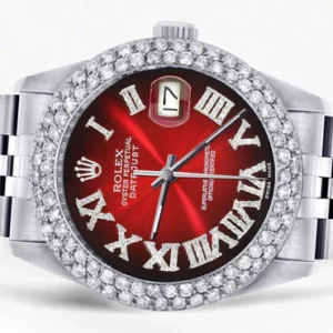 Mens Rolex Datejust Watch 16200 | 36Mm | Red Black Roman Numeral Dial | Two Row 4.25 Carat Bezel | Jubilee Band