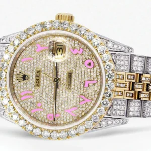 Iced Out Rolex Datejust 36 MM | Two Tone | 10 Carats of Diamonds | Full Diamond Pink Arabic Dial