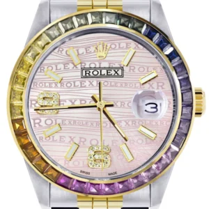Diamond Gold Rolex Watch For Men 16233 | 36Mm | Rainbow Sapphire Bezel | Diamond Pink Texture Dial | Jubilee Band