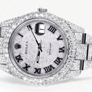 Diamond Iced Out Rolex Datejust 41 | 25 Carats Of Diamonds | Custom Roman Numeral Diamond Dial | Two Row | Oyster Band