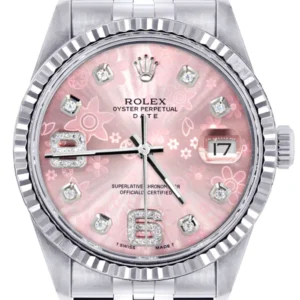 Mens Rolex Datejust Watch 16200 | Fluted Bezel | 36Mm | Pink Flower Dial | Jubilee Band