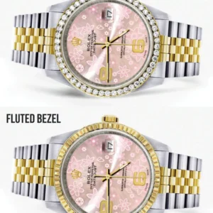 Gold Rolex Datejust Watch 16233 Two Tone for Men | 36Mm | Pink Flower Dial | Jubilee Band