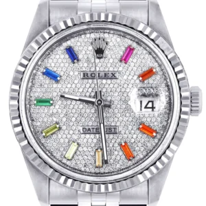 Mens Rolex Datejust Watch 16200 | Fluted Bezel | 36Mm | Color Baguettes Diamond Dial | Fluted Bezel | Jubilee Band