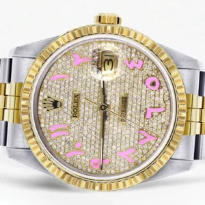 Mens Rolex Datejust Watch 16233 Two Tone | Fluted Bezel | 36Mm | Diamond Pink Arabic Numeral | Jubilee Band