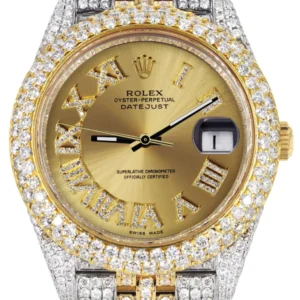 Diamond Iced Out Rolex Datejust 41 | 25 Carats Of Diamonds | Custom Gold Roman Numeral Diamond Dial | Two Tone | Two Row | Jubilee Band