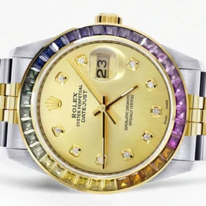 Diamond Gold Rolex Watch For Men 16233 | 36Mm | Rainbow Sapphire Bezel | Gold Dial | Jubilee Band