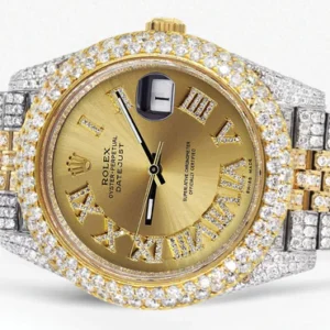 Diamond Iced Out Rolex Datejust 41 | 25 Carats Of Diamonds | Custom Gold Roman Numeral Diamond Dial | Two Tone | Two Row | Jubilee Band