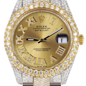 Diamond Iced Out Rolex Datejust 41 | 25 Carats Of Diamonds | Custom Gold Roman Numeral Diamond Dial | Two Tone | Two Row | Oyster Band