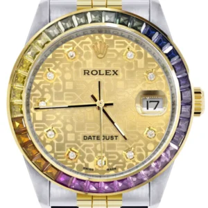 Diamond Gold Rolex Watch For Men 16233 | 36Mm | Rainbow Sapphire Bezel | Gold Texture Dial | Jubilee Band