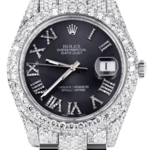 Diamond Iced Out Rolex Datejust 41 | 25 Carats Of Diamonds | Custom Grey Roman Numeral Diamond Dial | Two Row | Oyster Band