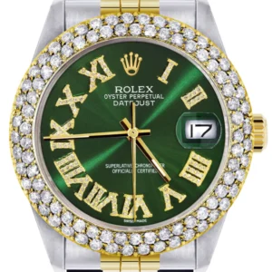 Diamond Gold Rolex Watch For Men 16233 | 36Mm | Green Roman Numeral Dial | Two Row 4.25 Carat Bezel | Jubilee Band