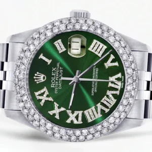 Mens Rolex Datejust Watch 16200 | 36Mm | Green Roman Numeral Dial | Two Row 4.25 Carat Bezel | Jubilee Band
