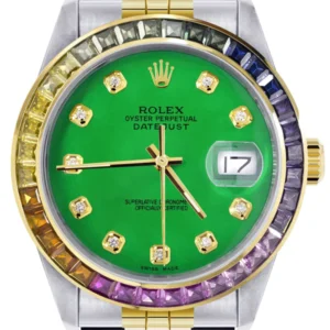 Diamond Gold Rolex Watch For Men 16233 | 36Mm | Rainbow Sapphire Bezel | Green Dial | Jubilee Band