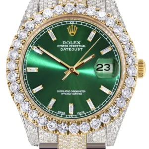 Diamond Iced Out Rolex Datejust 41 | 25 Carats Of Diamonds | Custom Green Diamond Dial | Two Tone | Oyster Band