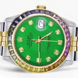 Diamond Gold Rolex Watch For Men 16233 | 36Mm | Rainbow Sapphire Bezel | Green Dial | Jubilee Band